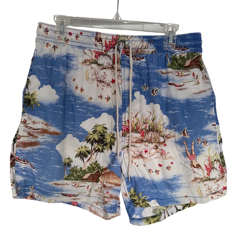 Polo Ralph Lauren Mens XL Swim Trunks Blue Riviera Tropical Island Print Shorts